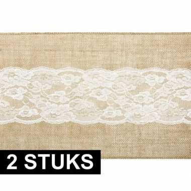 2x jute tafellopers 28 x 275 cm met wit kant