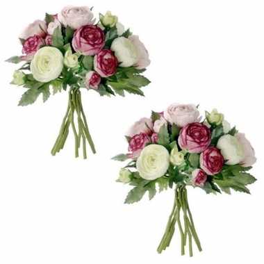 2x stuks roze ranunculus/ranonkel kunstbloemen boeket 22 cm
