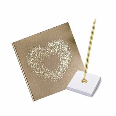 Bruiloft gastenboek gouden hart met luxe pen incl. houder