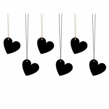 Decoratie labels hartjes zwart 6 stuks