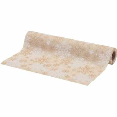 Kerst diner tafelloper beige met sneeuwvlokken 250 x 21 cm