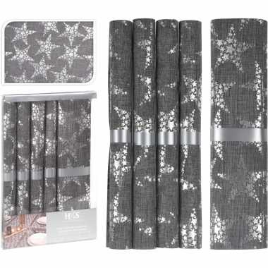 Kerstdiner/diner tafeldecoratie tafellopers met 5x placemats grijs met sterren