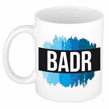 Naam cadeau mok / beker badr met blauwe verfstrepen 300 ml