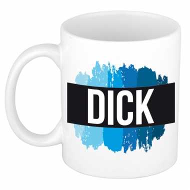 Naam cadeau mok / beker dick met blauwe verfstrepen 300 ml