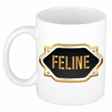 Naam cadeau mok / beker feline met gouden embleem 300 ml