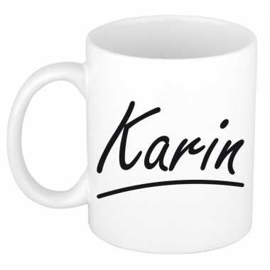 Naam cadeau mok / beker karin met sierlijke letters 300 ml