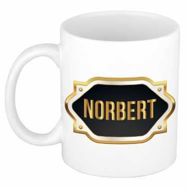 Naam cadeau mok / beker norbert met gouden embleem 300 ml