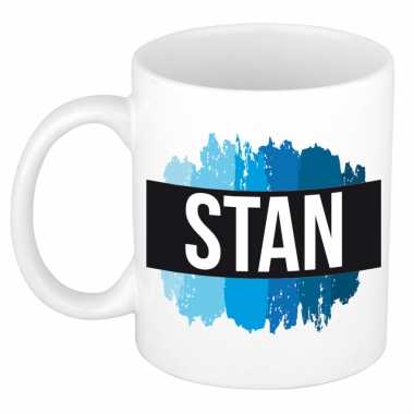 Naam cadeau mok / beker stan met blauwe verfstrepen 300 ml