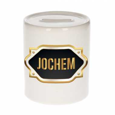 Naam cadeau spaarpot jochem met gouden embleem
