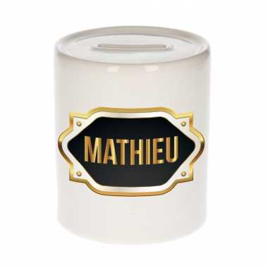 Naam cadeau spaarpot mathieu met gouden embleem