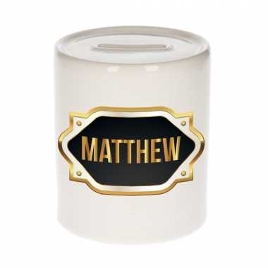 Naam cadeau spaarpot matthew met gouden embleem