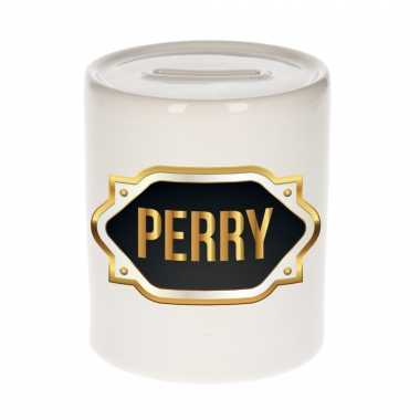 Naam cadeau spaarpot perry met gouden embleem