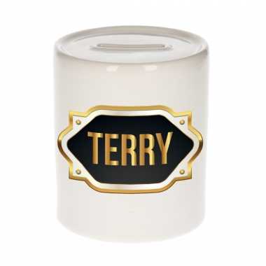 Naam cadeau spaarpot terry met gouden embleem