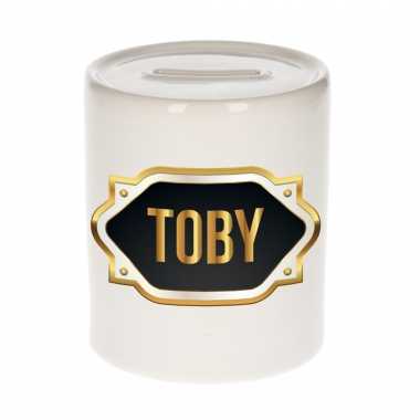 Naam cadeau spaarpot toby met gouden embleem