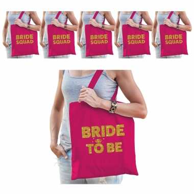 Pakket vrijgezellenfeest dames tasjes/ goodiebag: 1x bride to be roze goud+ 5x bride squad roze goud