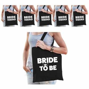 Pakket vrijgezellenfeest dames tasjes/ goodiebag: 1x bride to be zwart+ 5x bride squad zwart