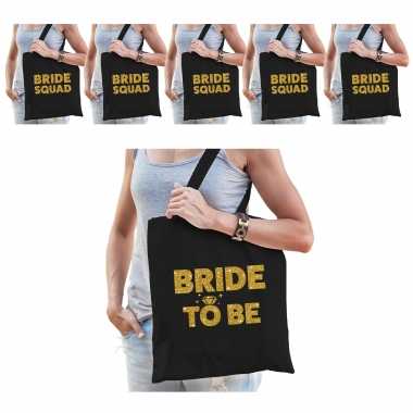 Pakket vrijgezellenfeest dames tasjes/ goodiebag: 1x bride to be zwart goud+ 5x bride squad zwart go