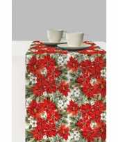 1x kunststof kerst tafellopers met kerstster bloemen print 600 x 33 cm