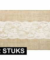 2x jute tafellopers 28 x 275 cm met wit kant