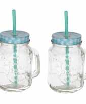 2x mason jars smoothie bekers blauw met rietje 500 ml
