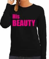 His beauty sweater trui zwart met roze letters voor dames