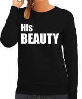 His beauty sweater trui zwart met witte letters voor dames