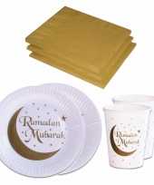 Tafel dekken ramadan mubarak feestartikelen wit goud 24x bordjes 24x drink bekers 40x servetten