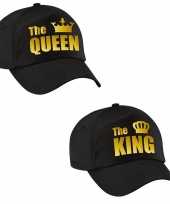 The king the queen petten zwart met gouden kroon voor koppels